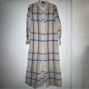 Theory Beige and Blue Plaid Long Sleeve Dress